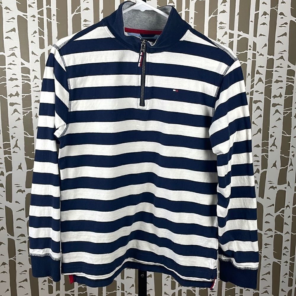 Boys Tommy Hilfiger zip mock neck striped navy white long sleeve shirt L (16/18)